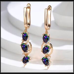 NEW GOLD COLORFUL MYSTIC TOPAZ 3 STONE DROP EARRINGS